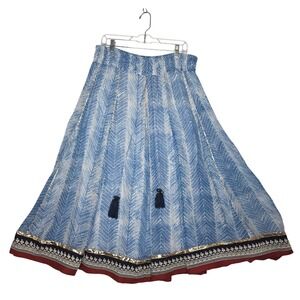 Soft Surroundings Smocked Waist Maxi Skirt Blue White Pattern Tassels SzL‎ Flaw!